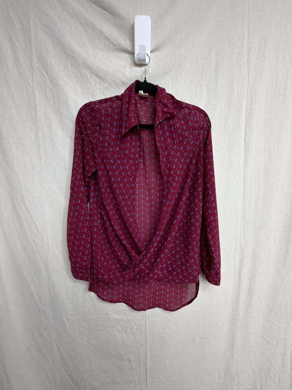 Japna Blouse Size M Burgundy Printed Sheer Long Sleeve